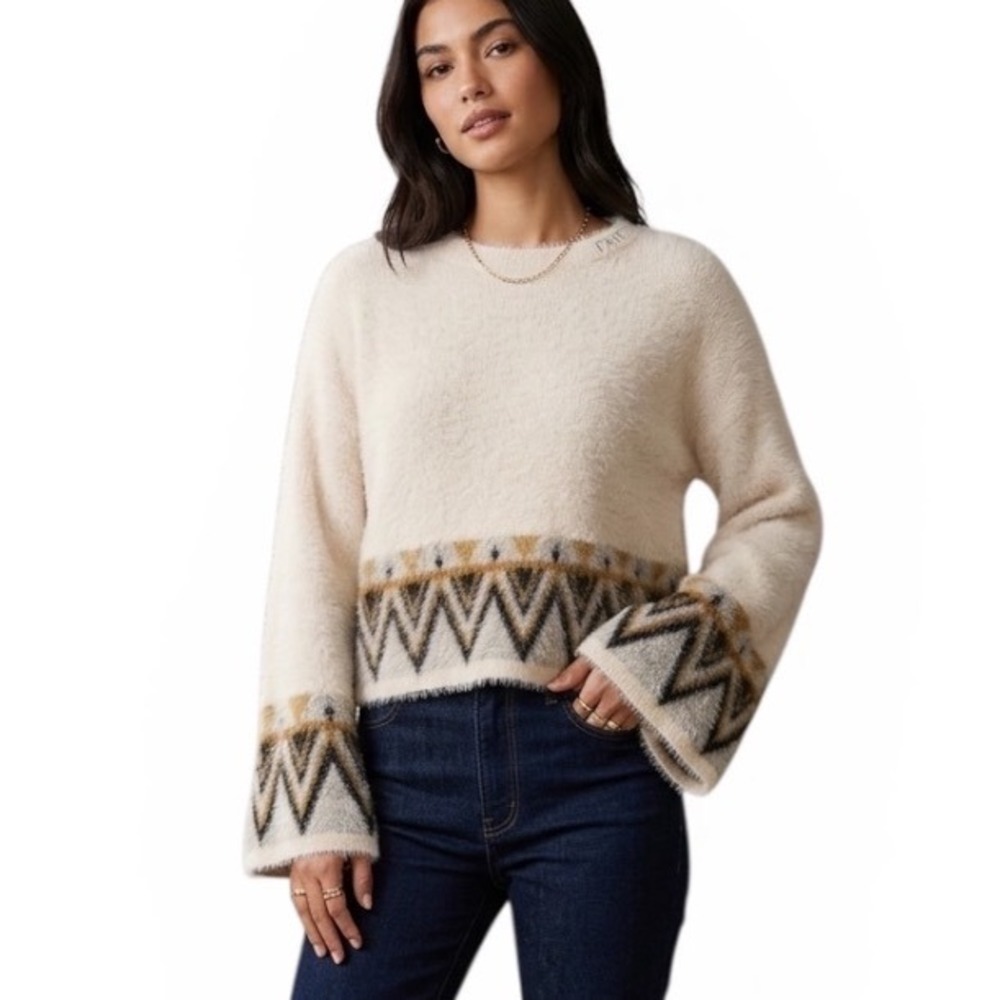 Fate Cream Eyelash Knit Southwestern Geometric Bell Sleeve Cropped Sweater M